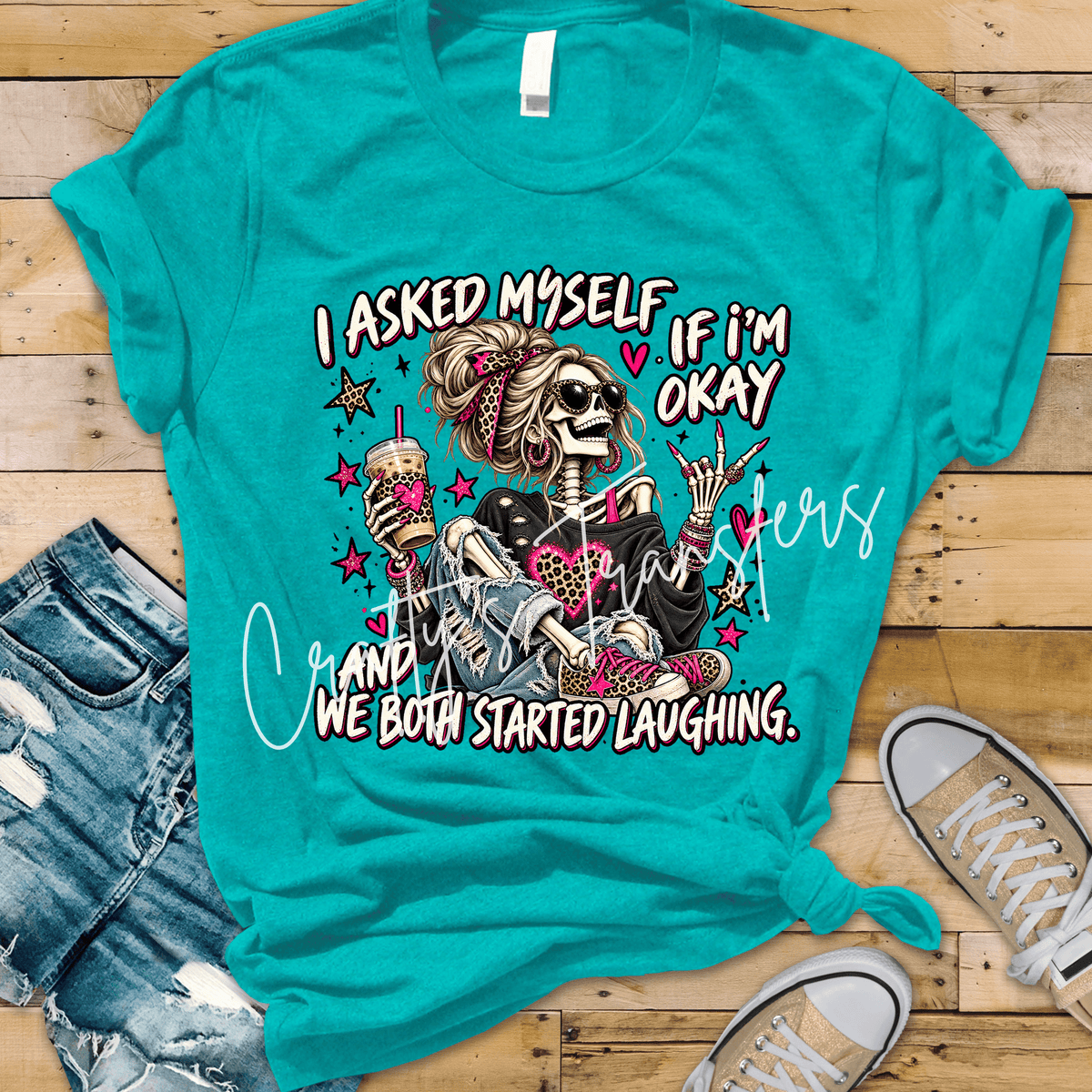 I Asked Myself If I’m Okay DTF Transfer – Funny Skeleton Coffee Graphic – Sarcastic Ready to Press DTF