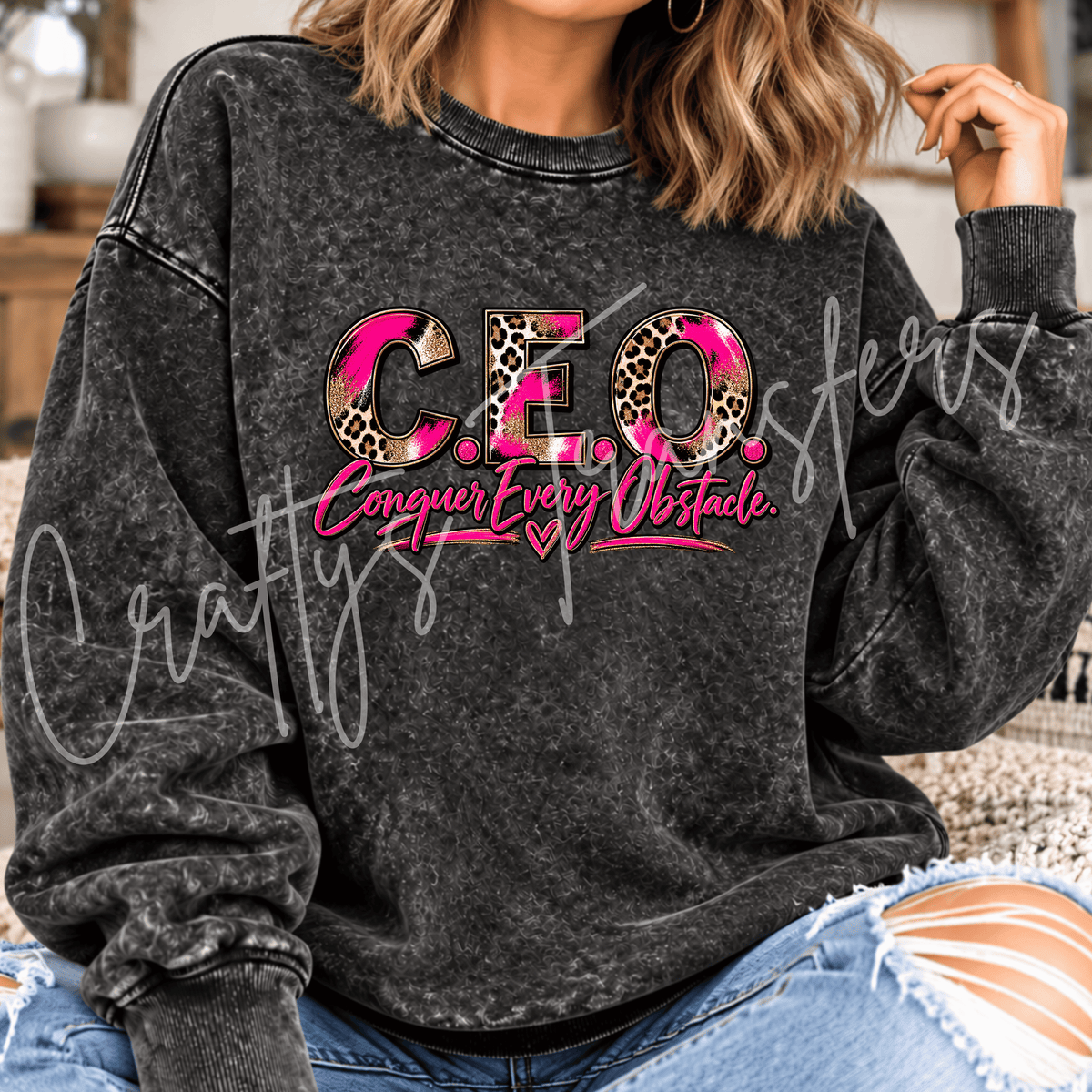 CEO Conquer Every Obstacle DTF Transfer – Pink Leopard Motivational Graphic – Ready to Press DTF