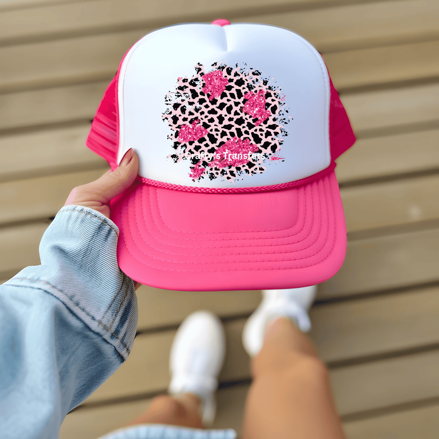 Pink Glitter Cow Print DTF Trucker Hat Transfer – Girly Western Patch | Ready-to-Press Hat Heat Transfer