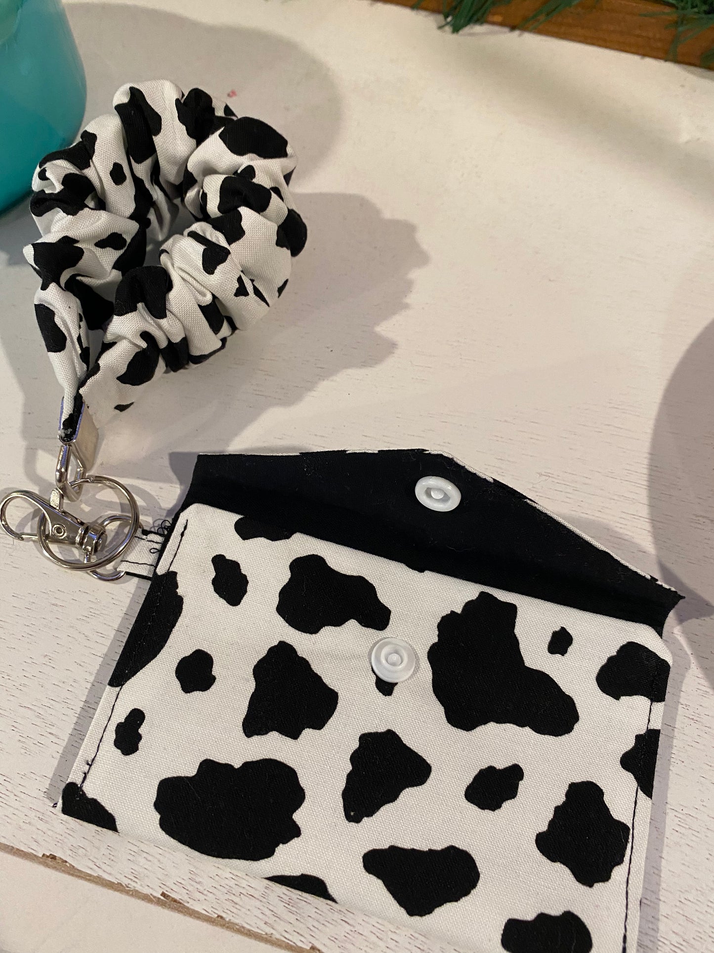 Black & White Cow Print Card Wallet with Scrunchie Wristlet | Cotton Fabric Mini Wallet