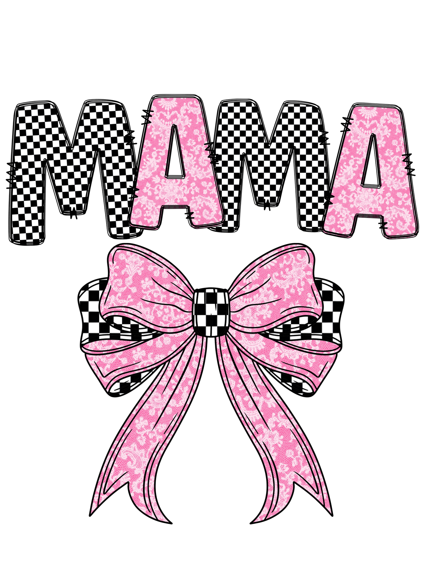 Mama - Pink Lace with Black Checkered Letters & Bow