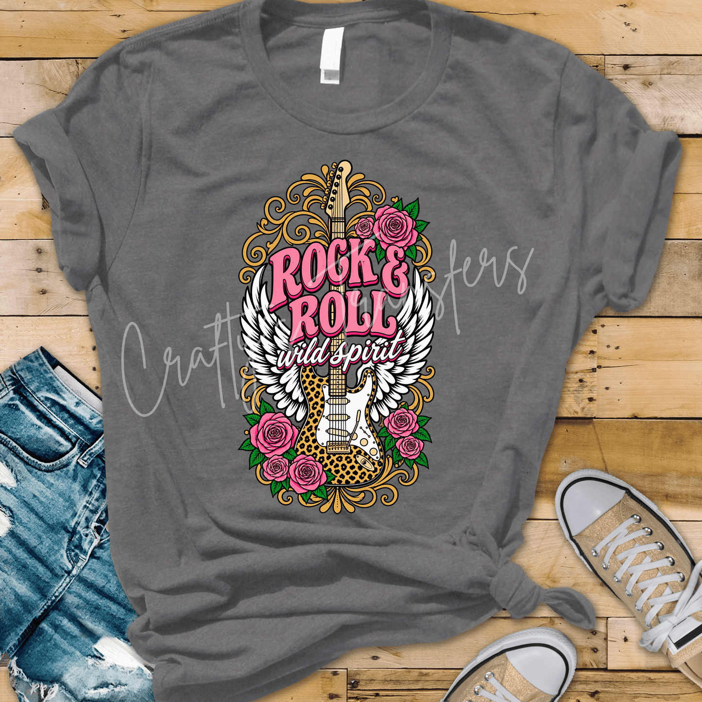 Rock & Roll Wild Spirit DTF Transfer | Leopard Guitar Wings Floral Shirt Transfer