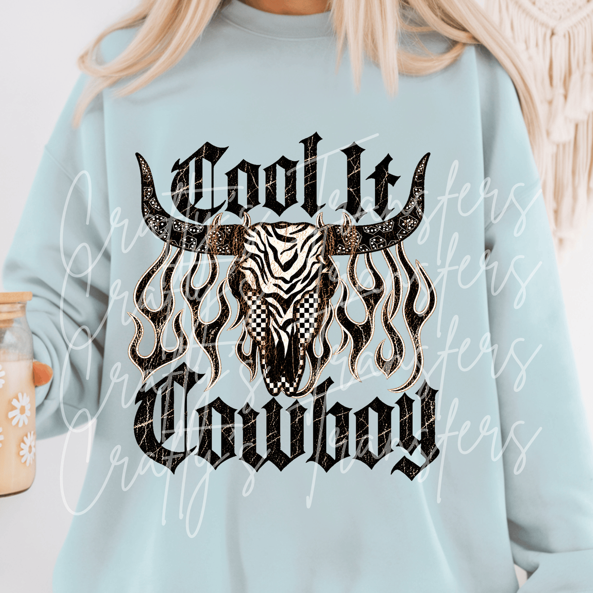 Cool It Cowboy DTF Transfer – Western Longhorn Skull Flame Graphic – Ready to Press DTF
