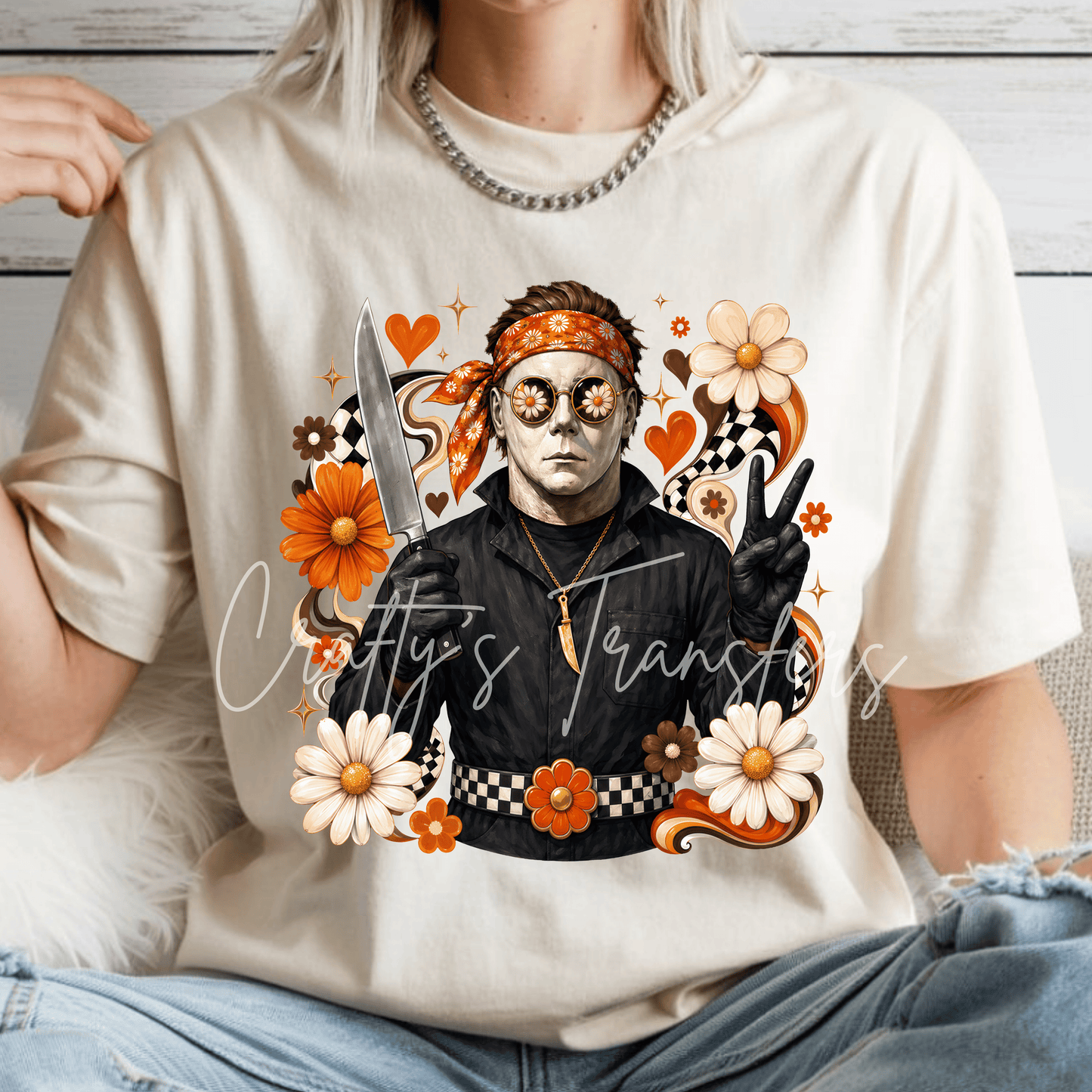 Retro Movie Character Halloween DTF Transfer | Groovy Horror Heat Transfer | Floral Checkerboard Spooky Graphic Tee | Boutique Halloween Shirt