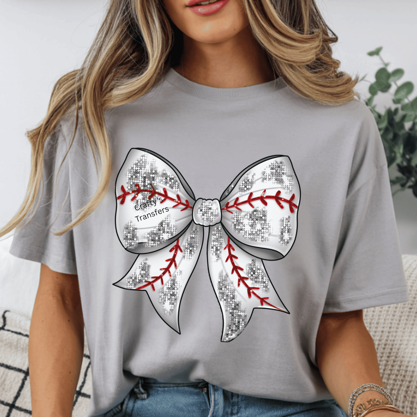Baseball Bow DTF Transfer – Glitter Softball Mom Shirt Design – Silver Sequin Bow with Red Stitching Heat Press Transfer