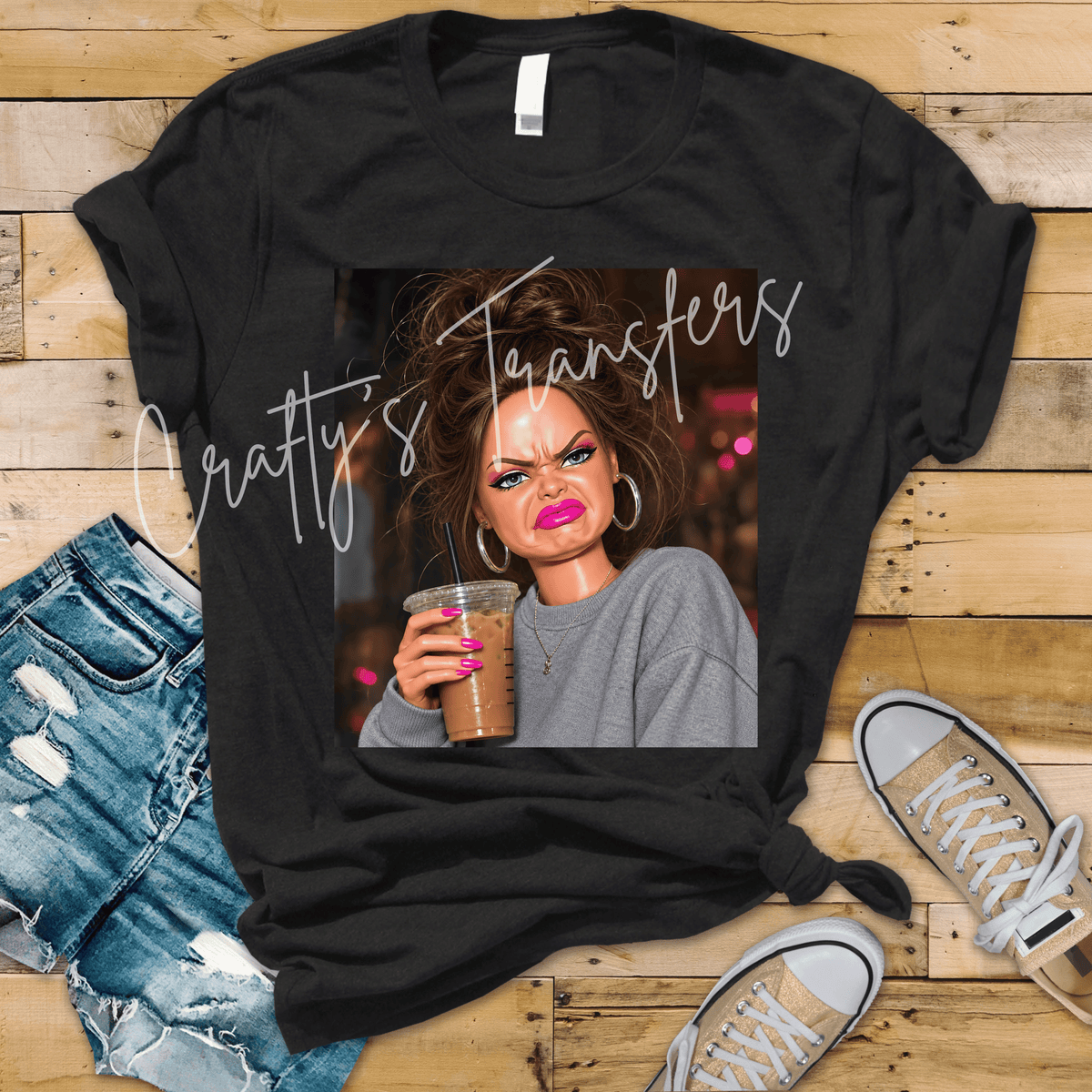 Messy Bun Glam Girl DTF Transfer – Iced Coffee Attitude Girl Graphic – Blonde or Brunette Ready to Press DTF