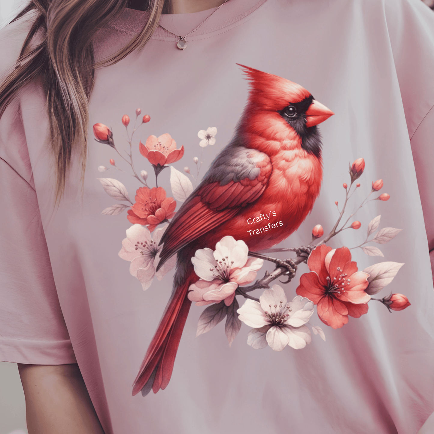 Spring Cardinal Floral DTF Transfer | Red Cardinal with Blossoms Heat Transfer for Shirts