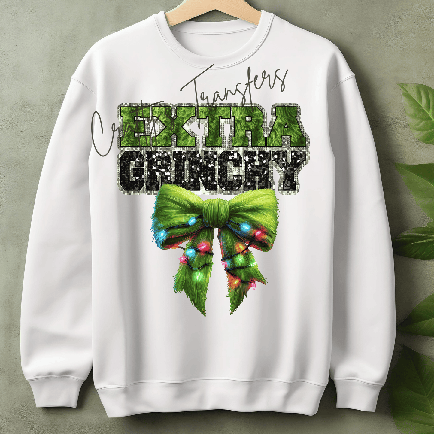 Extra Grinchy Christmas DTF Transfer – Green Furry Bow with Christmas Lights – Sassy Holiday Graphic