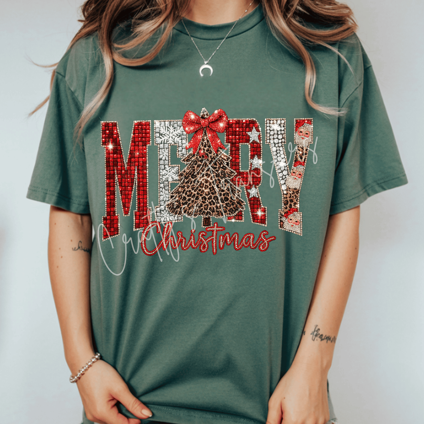 Merry Christmas Leopard Tree DTF Transfer | Sparkle Red Silver Holiday Shirt Transfer