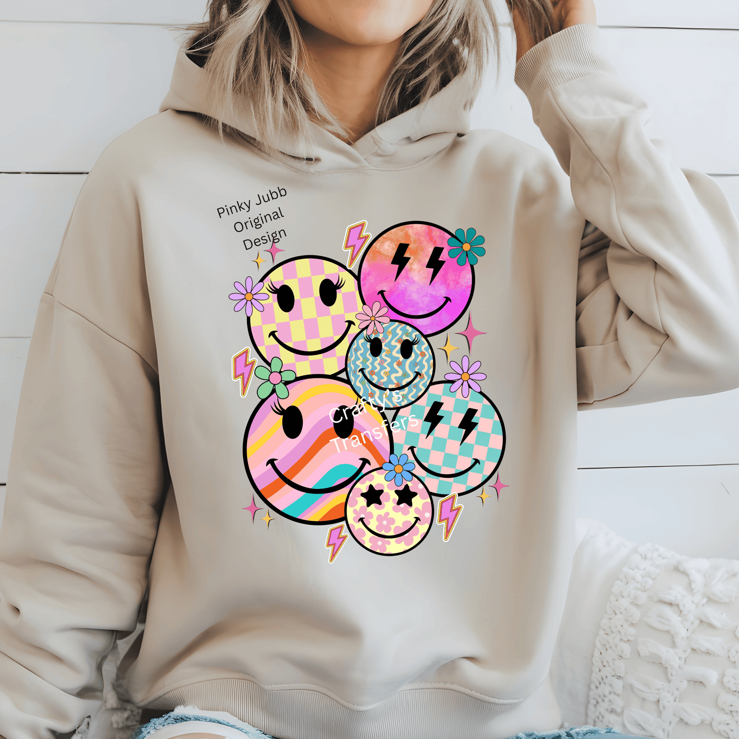 Retro Smiley Face DTF Transfer – Colorful Checkered & Rainbow Happy Face Shirt Design – Trendy Heat Press Transfer