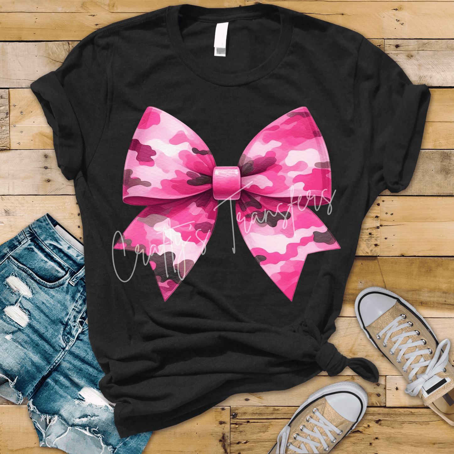 Pink Camo Bow DTF Transfer – Hot Pink Camouflage Coquette Graphic – Girly Statement Shirt Design