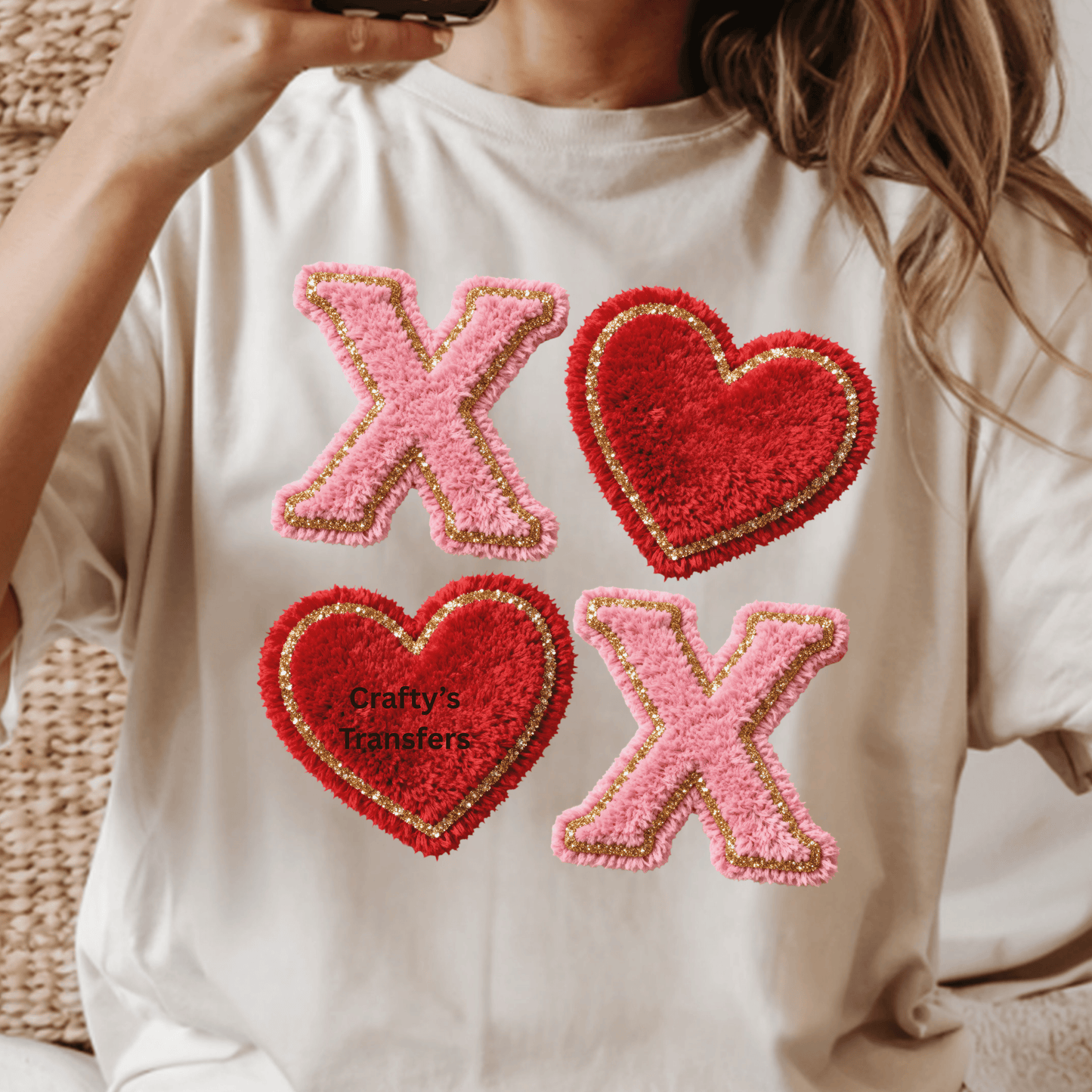 XOXO Faux Fur Valentine Design DTF Transfer – Plush Hearts & Letters with Gold Trim | Valentine Shirt Transfer