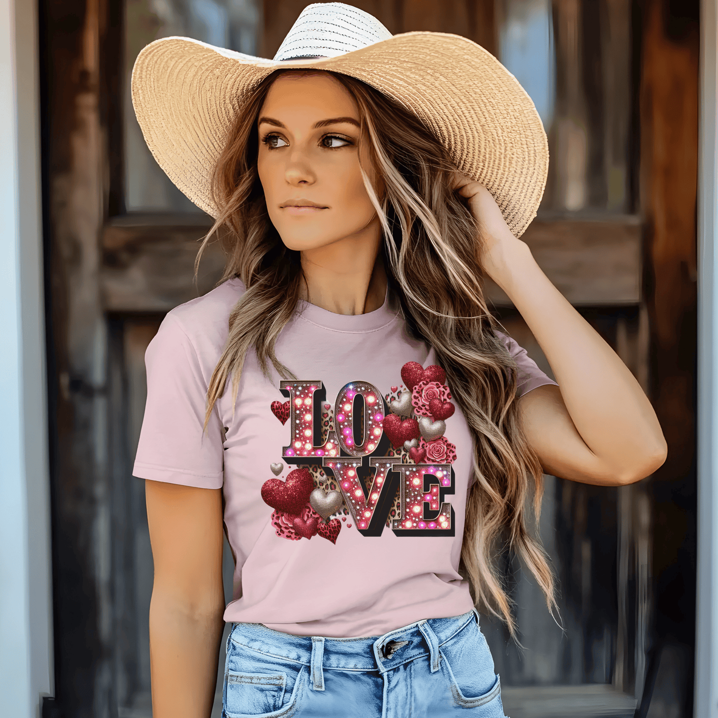 LOVE Valentine Rhinestone Marquee Design PNG – Glitter Hearts Leopard Print Valentine DTF Transfer