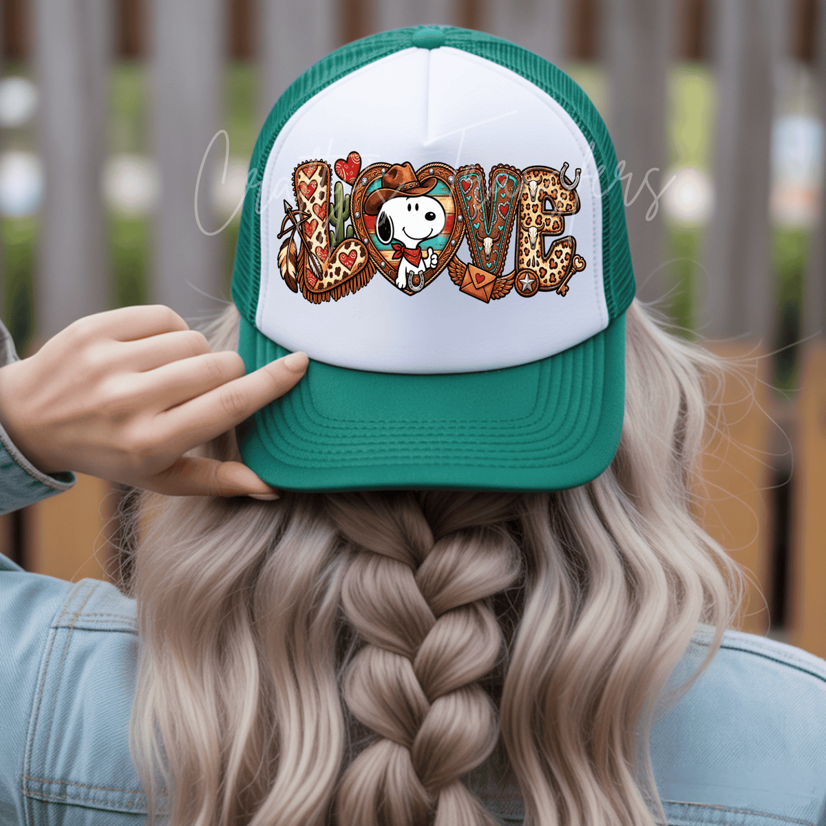 Western Love Trucker Hat DTF Transfer – Cowboy Dog Turquoise Leopard Valentine Hat Design