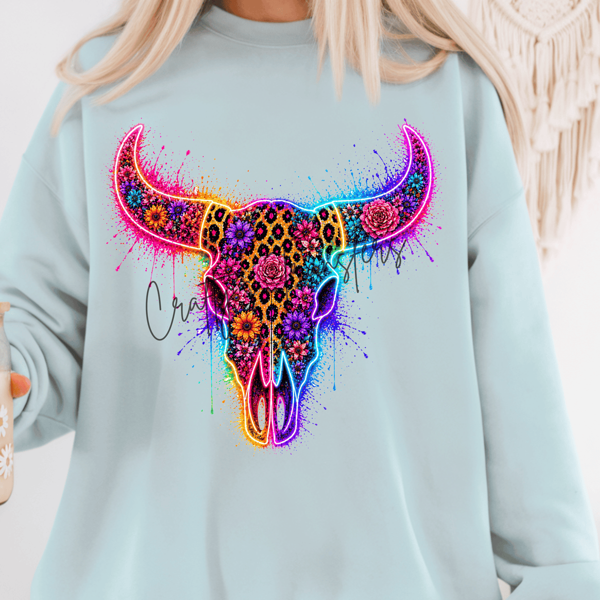 Neon Floral Longhorn Skull DTF Transfer – Colorful Leopard Western Cow Skull Shirt Design