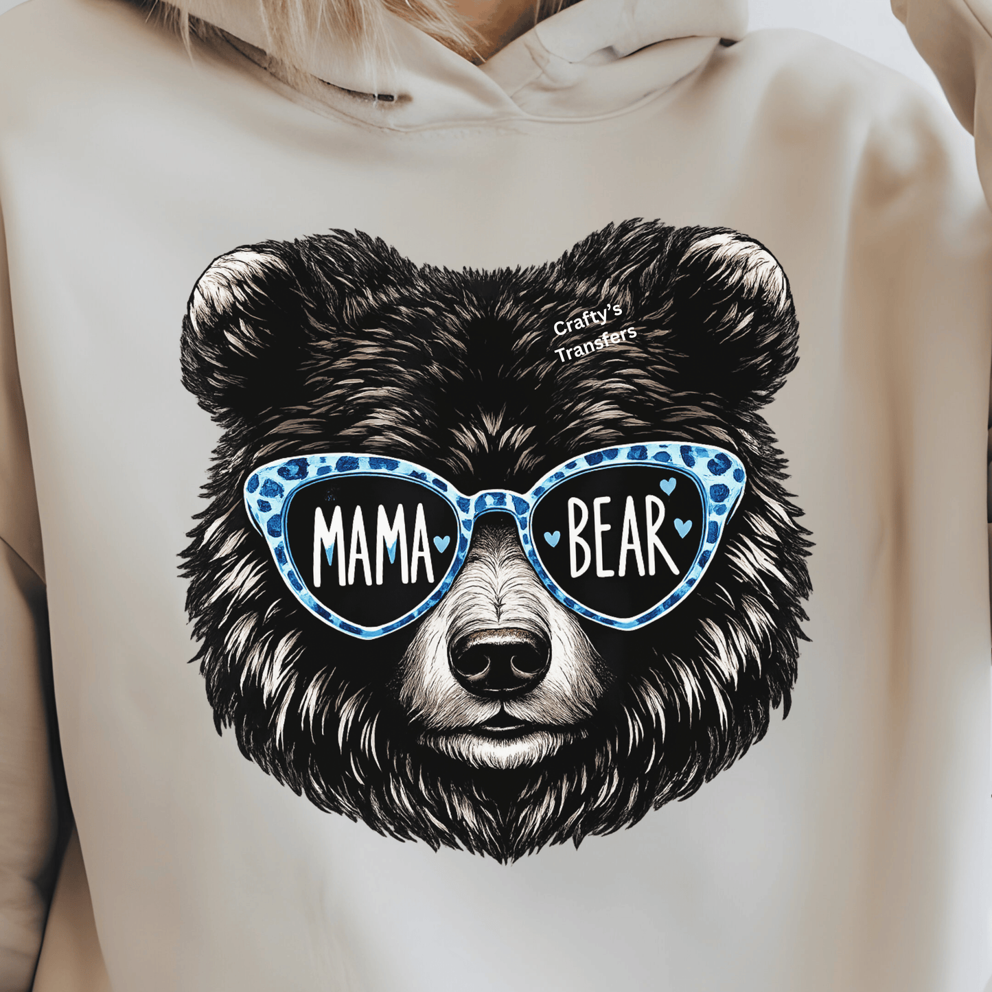 Mama Bear DTF Transfer – Blue Leopard Sunglasses Bear Head – Trendy Mom Graphic Heat Press Transfer for T-Shirts