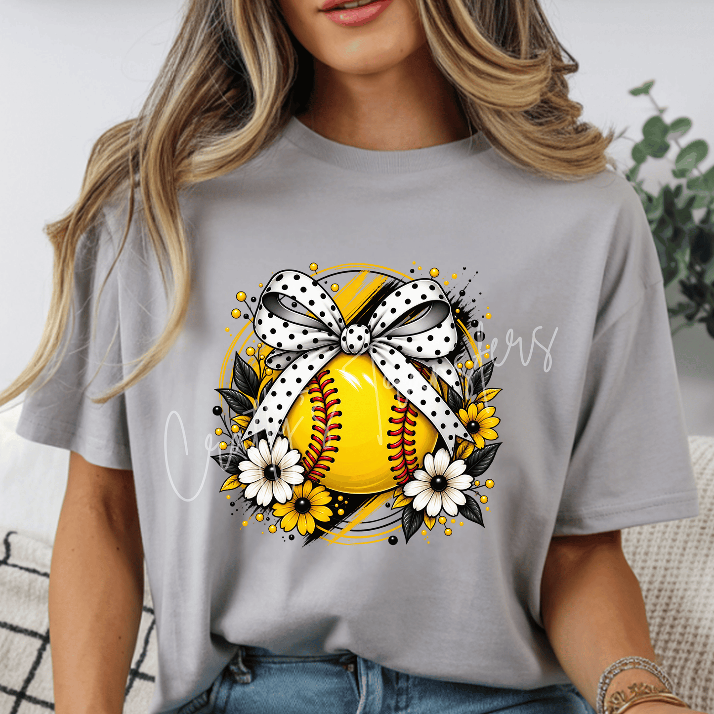 Softball Bow Floral DTF Transfer | Yellow Black Polka Dot Softball Shirt Transfer