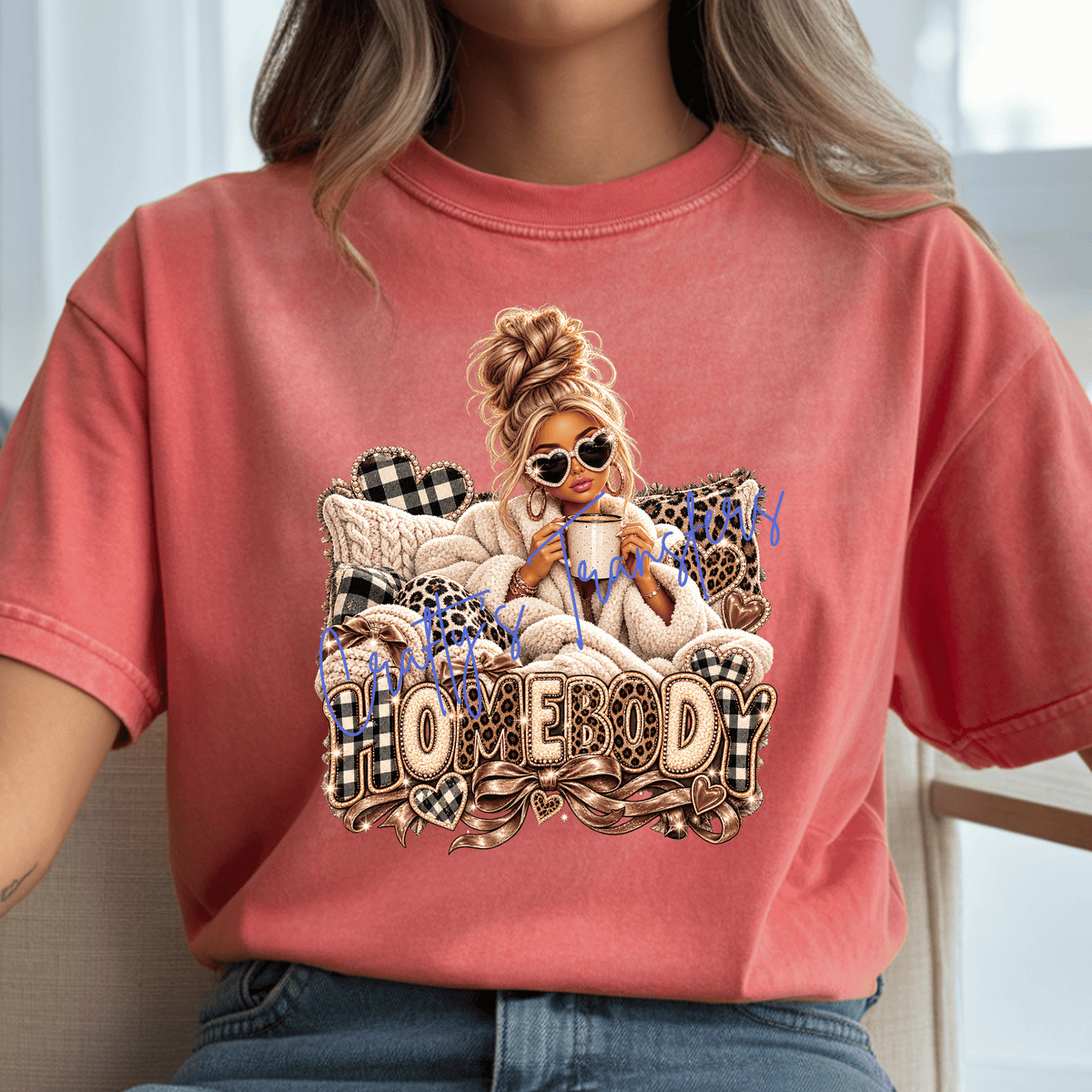Glam Homebody DTF Transfer – Cozy Coffee Leopard Plaid Shirt Design – Girly Neutral DTF