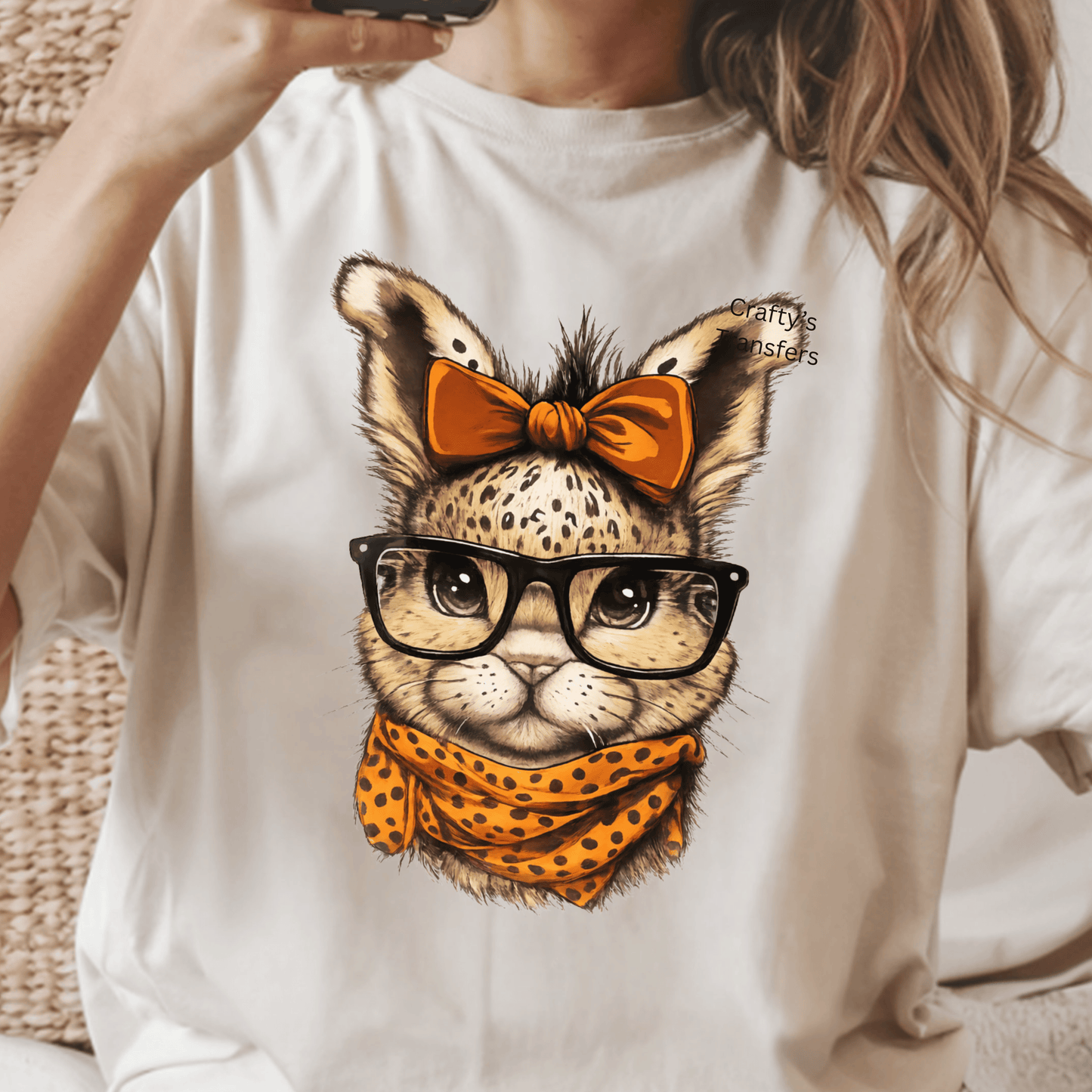 Trendy Bunny DTF Transfer – Leopard Print Rabbit with Glasses & Orange Bow – Cute Boutique Graphic Shirt Design