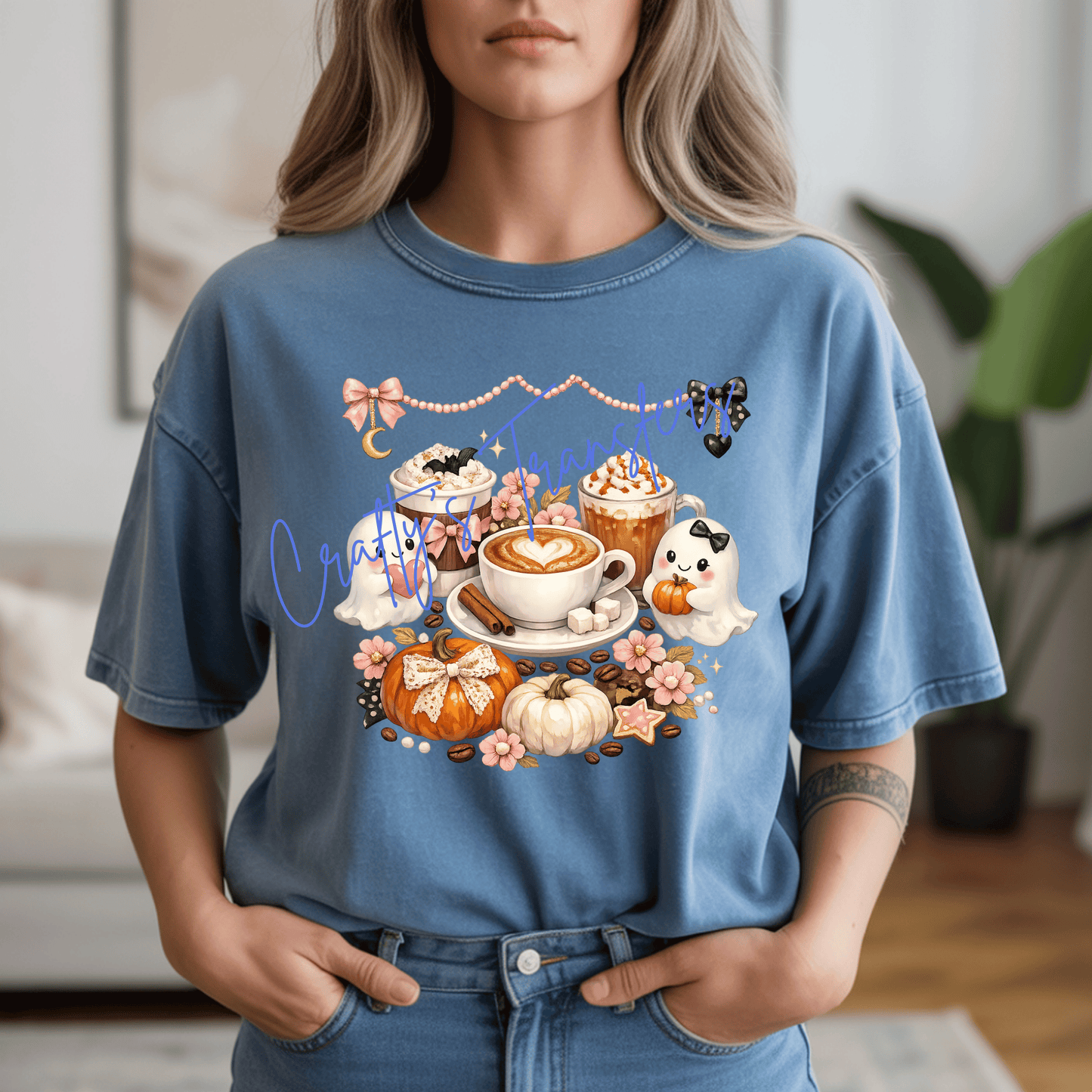 Cute Ghost Coffee DTF Transfer | Cozy Fall Coffee & Pumpkin Ghost Heat Transfer | Pink Coquette Halloween Ready to Press