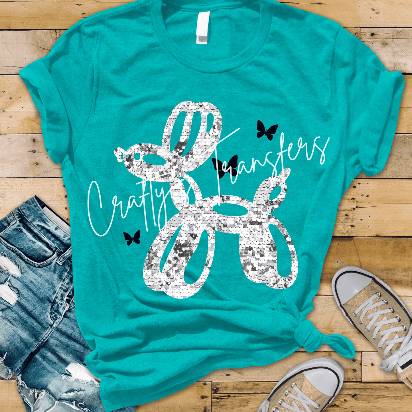 Silver Sequin Balloon Dog DTF Transfer | Glam Balloon Animal Heat Transfer | Sparkly Metallic Dog Graphic | Boutique Trendy Shirt Design