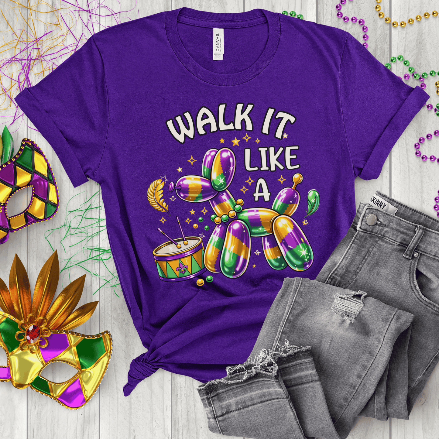 Walk It Like a Dog Mardi Gras DTF Transfer | Balloon Dog Purple Green Gold Carnival Heat Transfer
