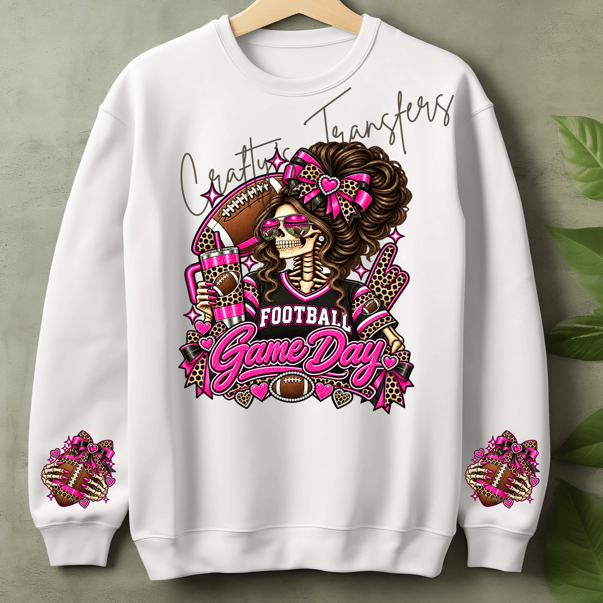 Pink Football Game Day Skeleton Girl DTF Transfer – Leopard Print Sports Shirt Design – Girly Football DTF