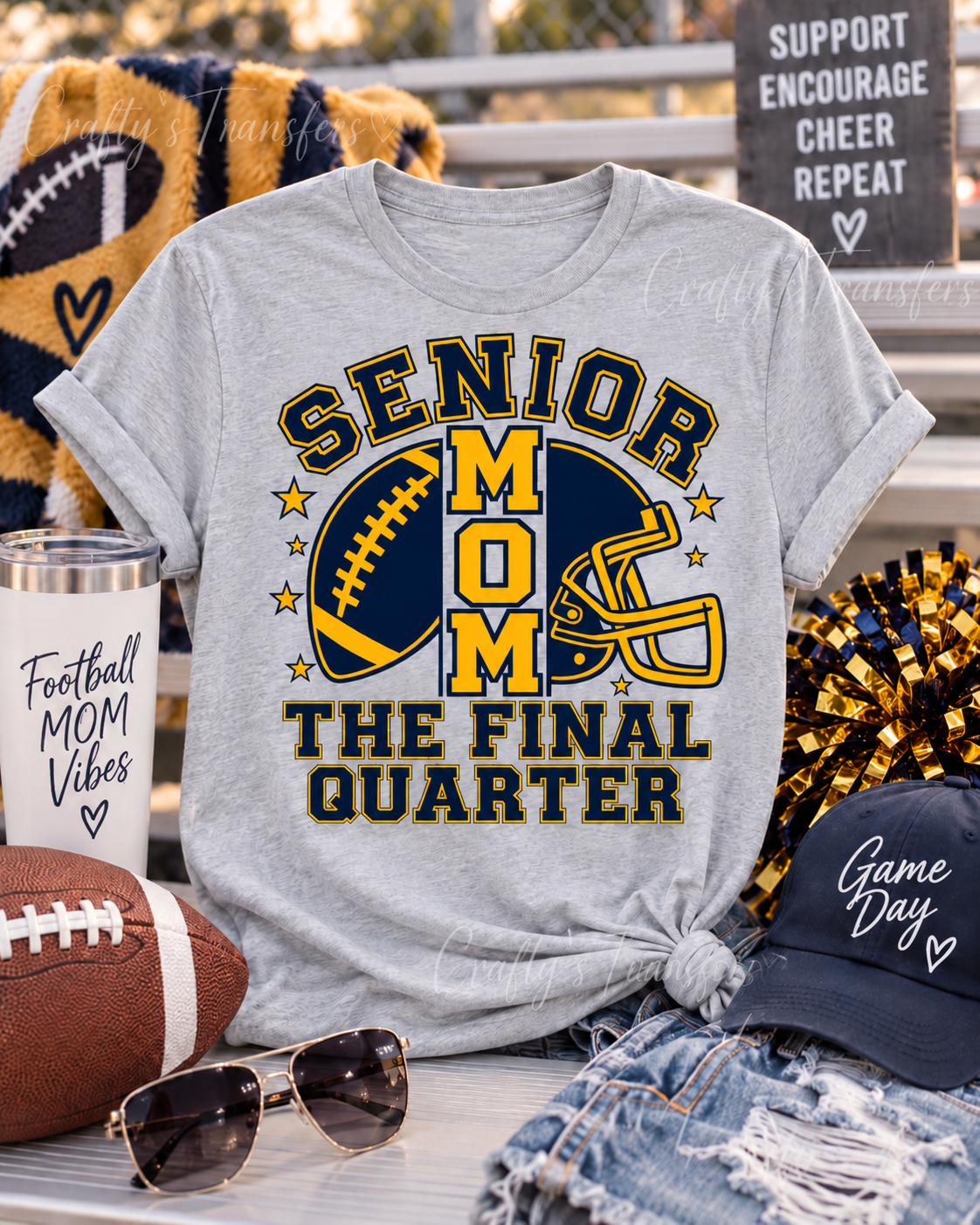 Senior Mom Football DTF Transfer – Navy & Gold Final Quarter Football Design