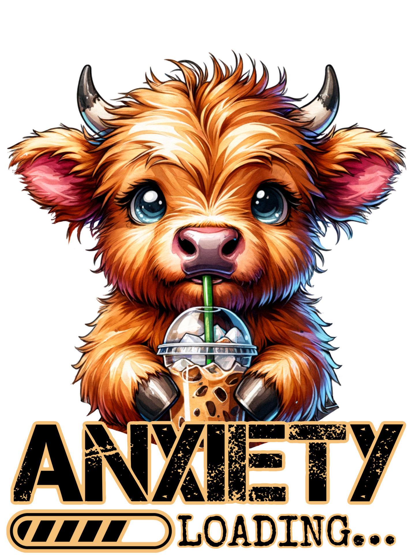 Highland Cow With Iced Coffee - Anxiety Loading