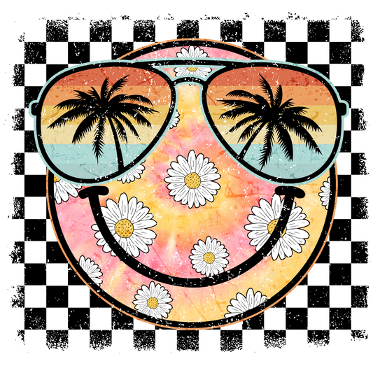 Checkered Beach Smiley Face with Palms and Glasses - DTF Transfer