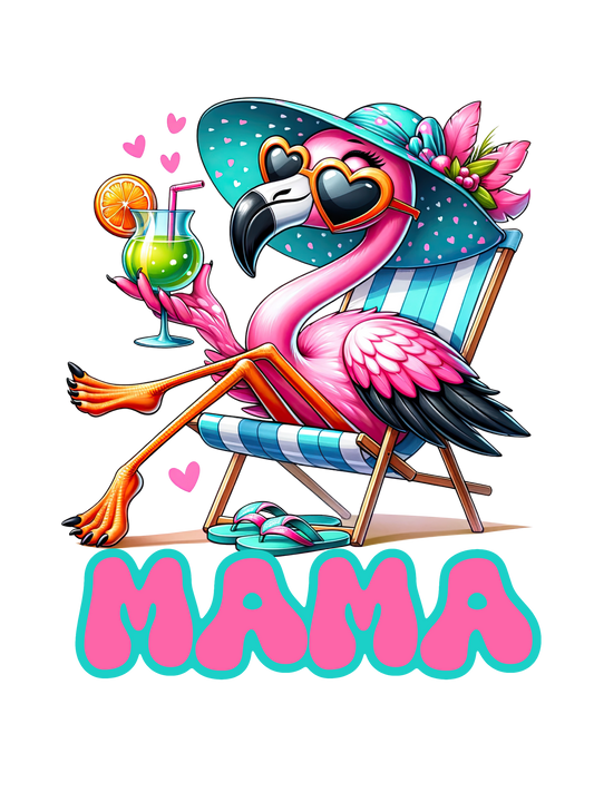 Mama - Pink Flamingo Sipping a Drink on Beach