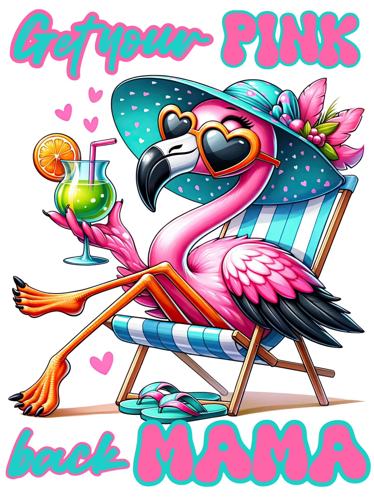 Get Your Pink Back Mama - Pink Flamingo Sipping a Drink on Beach