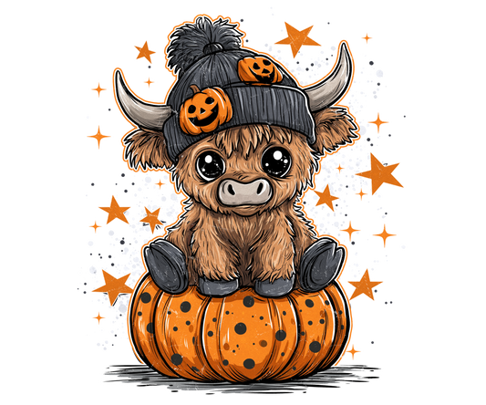 Highland Cow in Black Stocking Cap on Pumpkin