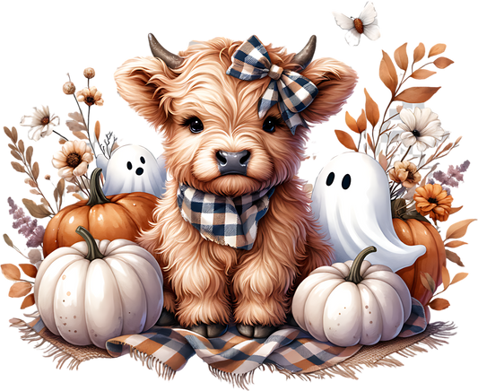 Highland Cow Fall with Ghost & Pumpkins