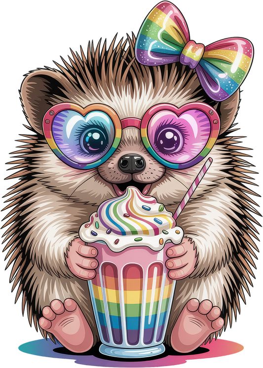 Cute Hedgehog with Glasses and Rainbow Bow
