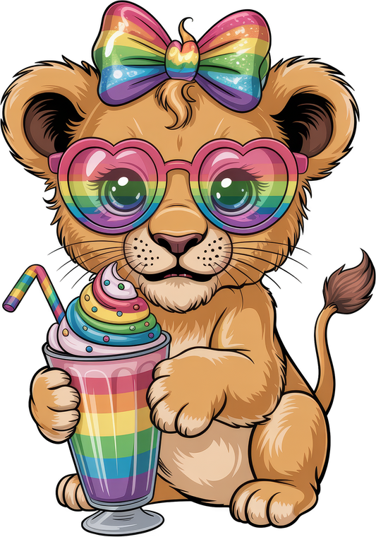 Cute Lion Cub Rainbow Bow and Glasses