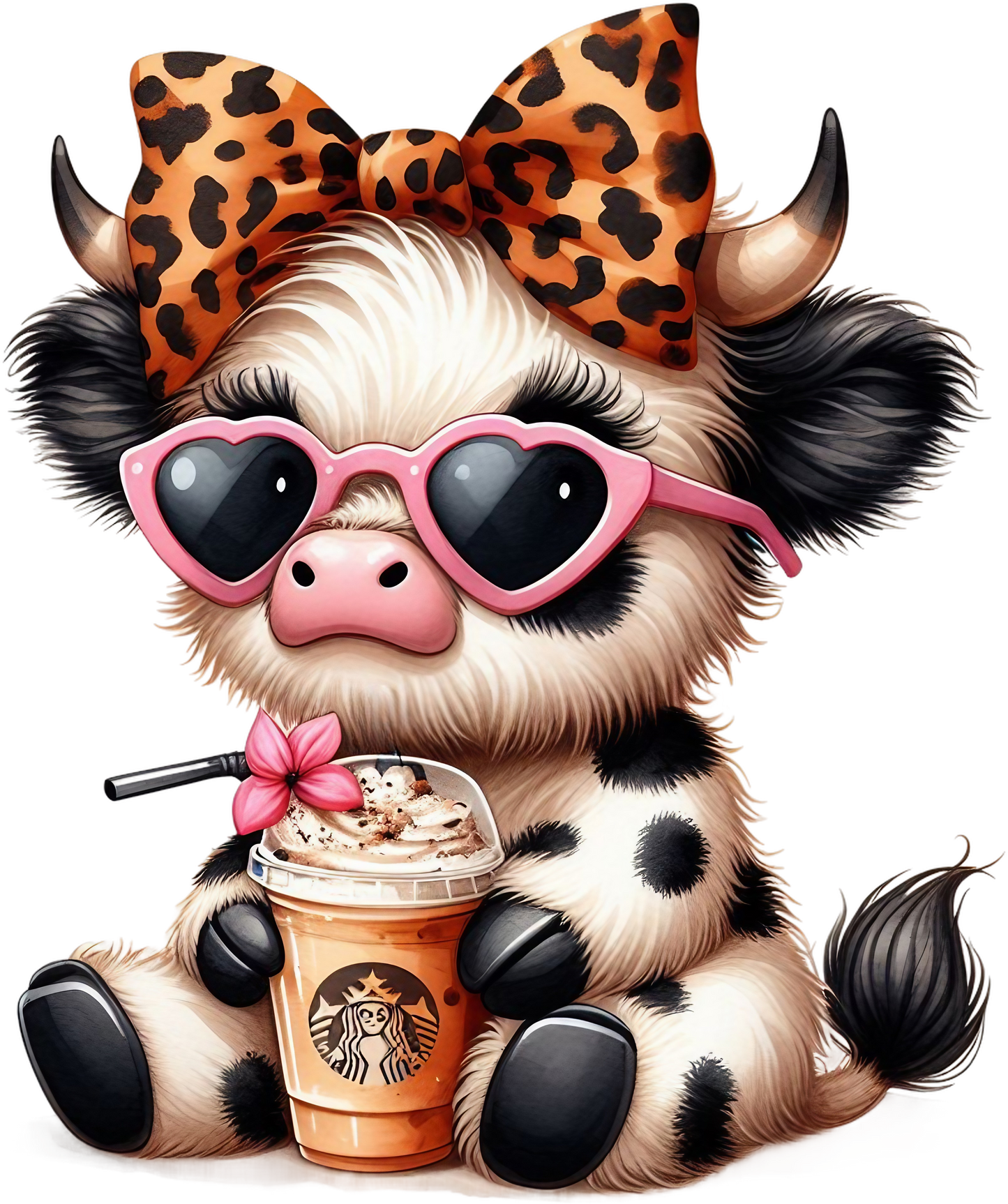 Cute Highland Cow with Pink Sunglasses & Iced Coffee