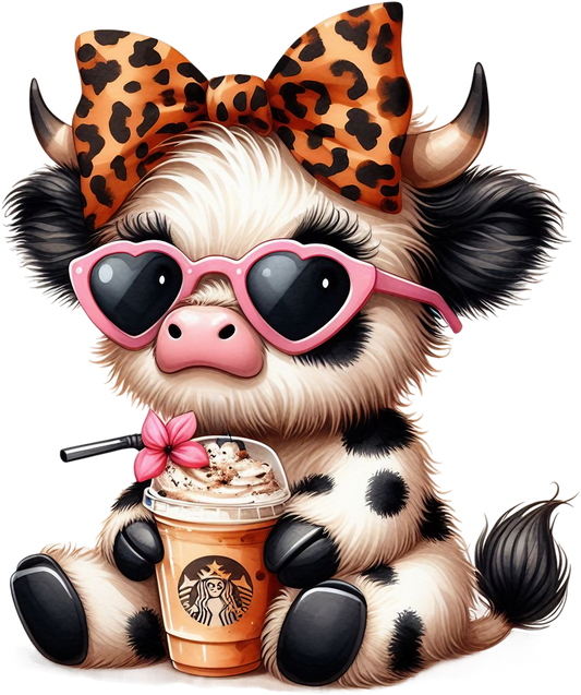 Cute Highland Cow with Pink Sunglasses & Iced Coffee