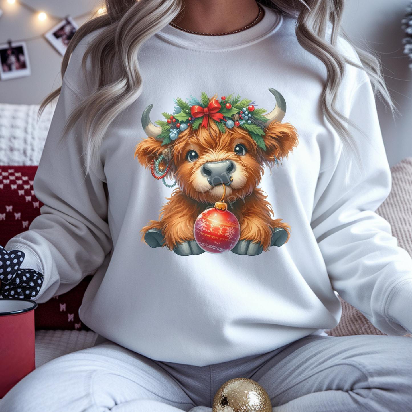 Christmas Highland Cow with Red Ornament
