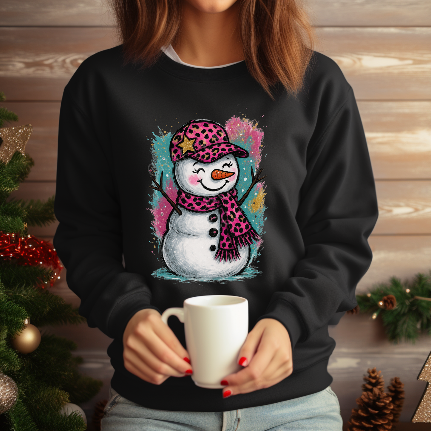 Snowman Girl with Pink Cheetah Print Hat & Scarf