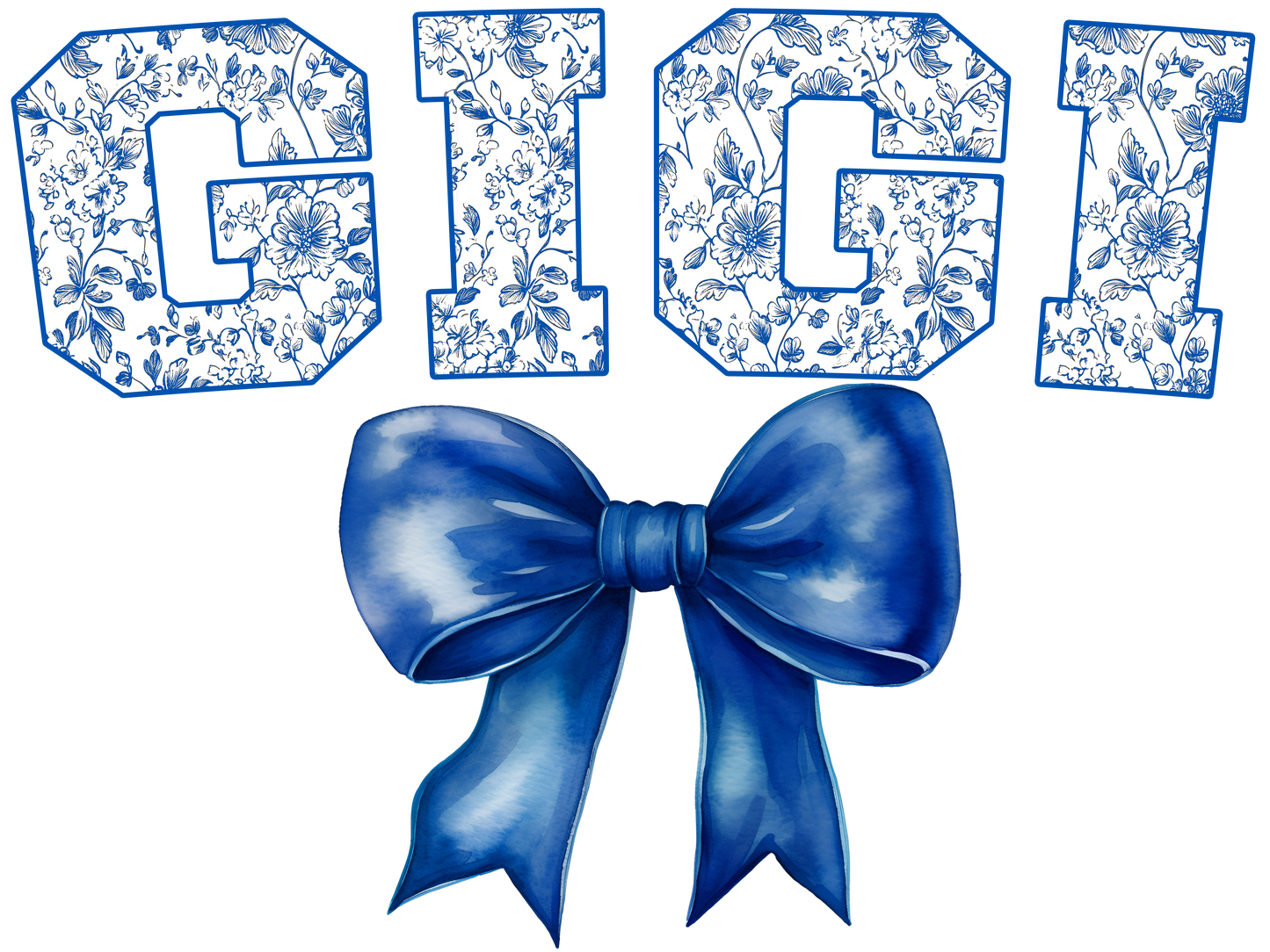 Blue Floral Letters with Blue Bow - Auntie, Big Sis, Bigger Sis, Biggest Sis, Bonus Mama, Gigi, Glamma, Glammy, Honey, Mama, Mamaw, Mimi