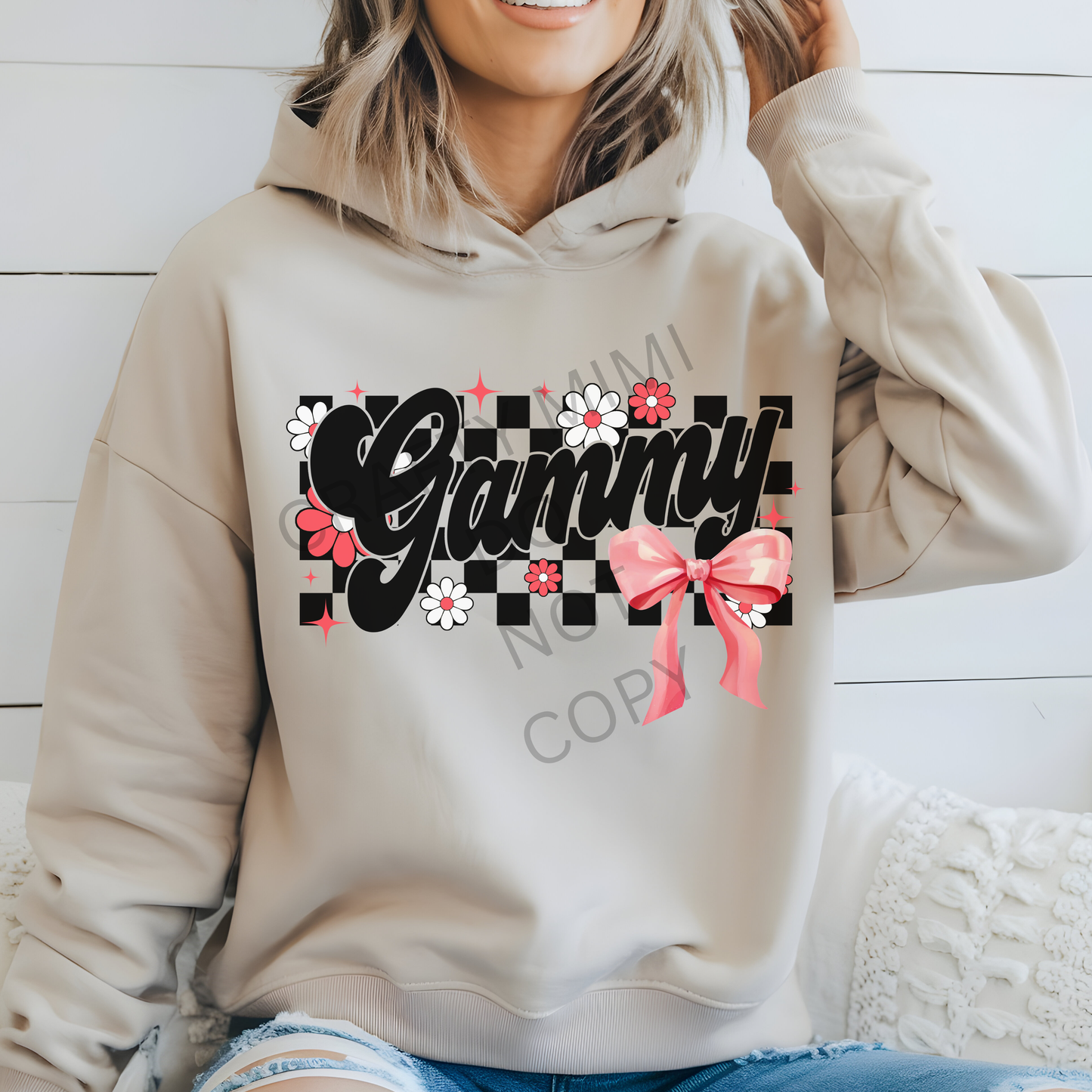 Gammy Black Checker Background Pink Bow