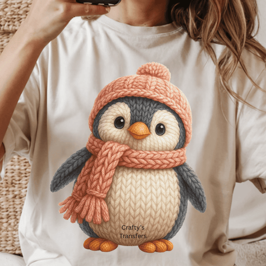 Cute Penguin Girl DTF Transfer – Winter Knit Hat & Scarf Heat Press Design