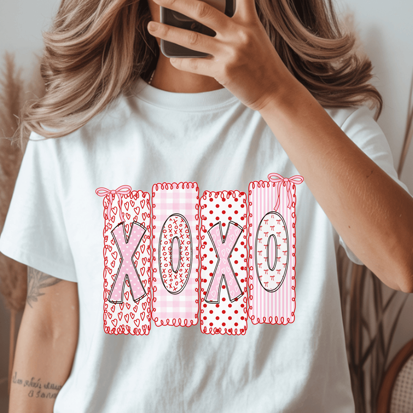 XOXO Valentine Patchwork Doodle PNG – Pink & Red Hearts Coquette Valentine Design | DTF Transfer Ready