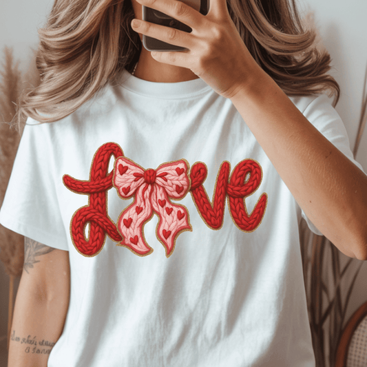 Love Faux Yarn Bow Valentine Design PNG – Coquette Knit Lettering DTF Transfer