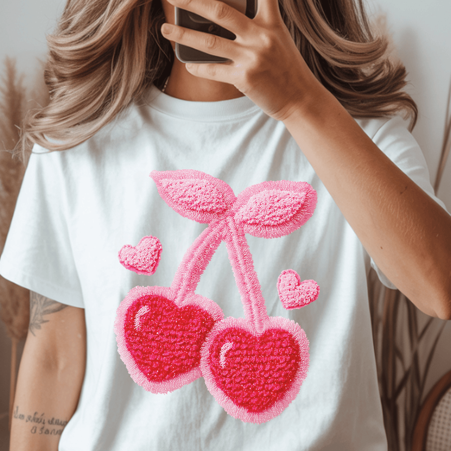 Pink Cherry Hearts DTF Transfer – Valentine’s Cherry Heart Design, Cute Love Cherries Heat Transfer, Coquette Valentine Graphic