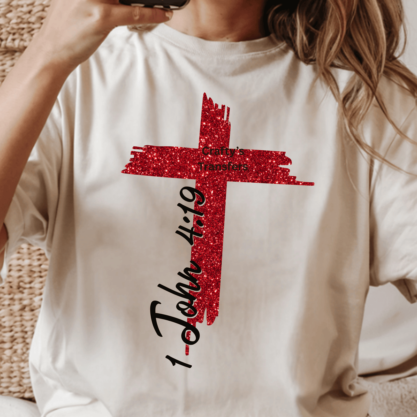 Red Glitter Cross DTF Transfer – Faith Valentine Christian Cross Design, Religious Heart Cross Heat Transfer for Shirts