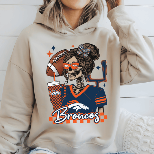 Denver Broncos Skeleton Girl DTF Transfer – Football Game Day Heat Transfer – Broncos Fan Shirt Design – Ready to Press