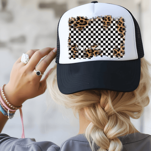 Leopard Checkered Grunge DTF Trucker Hat Transfer – Western Retro Patch | Ready-to-Press Hat Heat Transfer