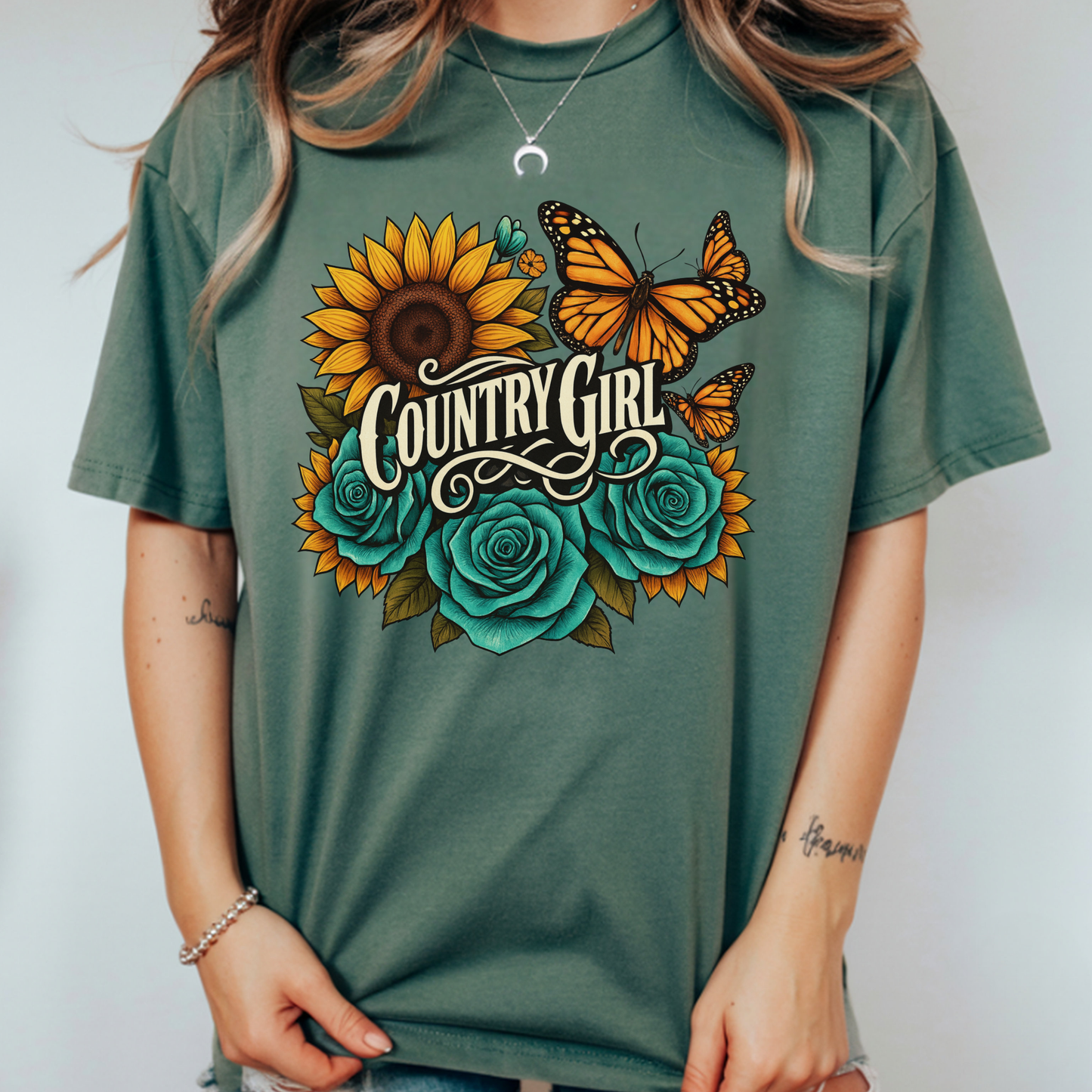 Country Girl Sunflower & Teal Roses DTF Transfer – Western Floral Butterfly Shirt Print – Ready to Press